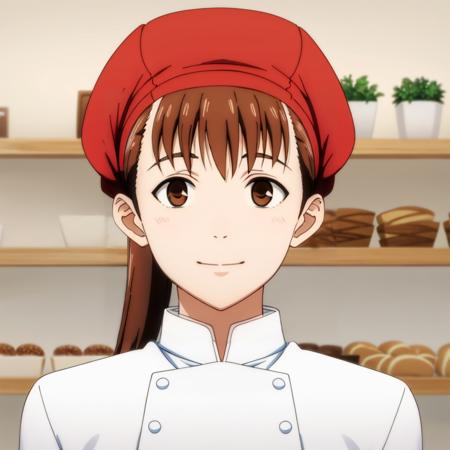 masterpiece,high quality,bakery shop,
<lora:bakeryclerk001:0.7>,smile,
bakeryclerk,1girl,
red headwear,
chef,uniform,double-breasted,white shirt,sleeves rolled up,
close-up,