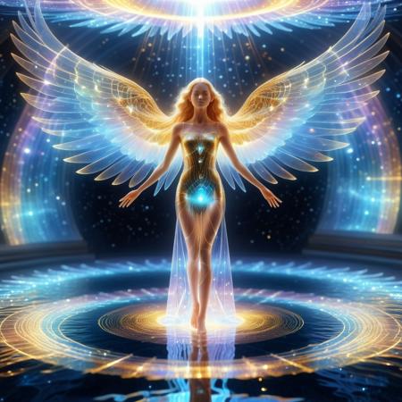 h4v_h0l0, (translucent skin:1.5),Masterpiece, High Details, HD, 8K, Photorealistic, perfect, High Quality, A celestial holographic goddess floats in a realm of pure light, her golden hair radiating like sunlit mist. Her gown is woven from solidified luminance—shimmering white-gold energy that cascades in fractal-edged waves, its hem dissolving into floating stardust. Gilded veins of cosmic power pulse beneath its surface, converging at her collarbone into a sacred holographic sigil that hums with latent energy.**  
**Her wings are constellations given form—vast arcs of crystallized light, each "feather" a suspended prism scattering spectral flares. Behind her, a vortex of liquid photons swirls, its luminous currents mirroring the graceful arc of her wings. Delicate filaments of light spiral around her bare feet, merging with a mirror-like pool that ripples with quantum reflections of her movement.**  
**One graceful hand cradles a hovering singularity—a perfect sphere of warped light—while gold-tinged luminosity paints the scene in otherworldly contrast. Every element breathes in harmony: her serene expression, the ambient glow haloing her form, and the way reality itself seems to bend toward her divine presence.