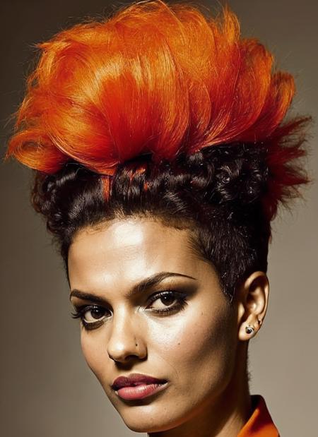 portrait of sks woman by Flora Borsi, style by Flora Borsi, bold, bright colours, orange Mohawk haircut, ((Flora Borsi)), <lora:locon_freema_v1_from_v1_64_32:1.3>