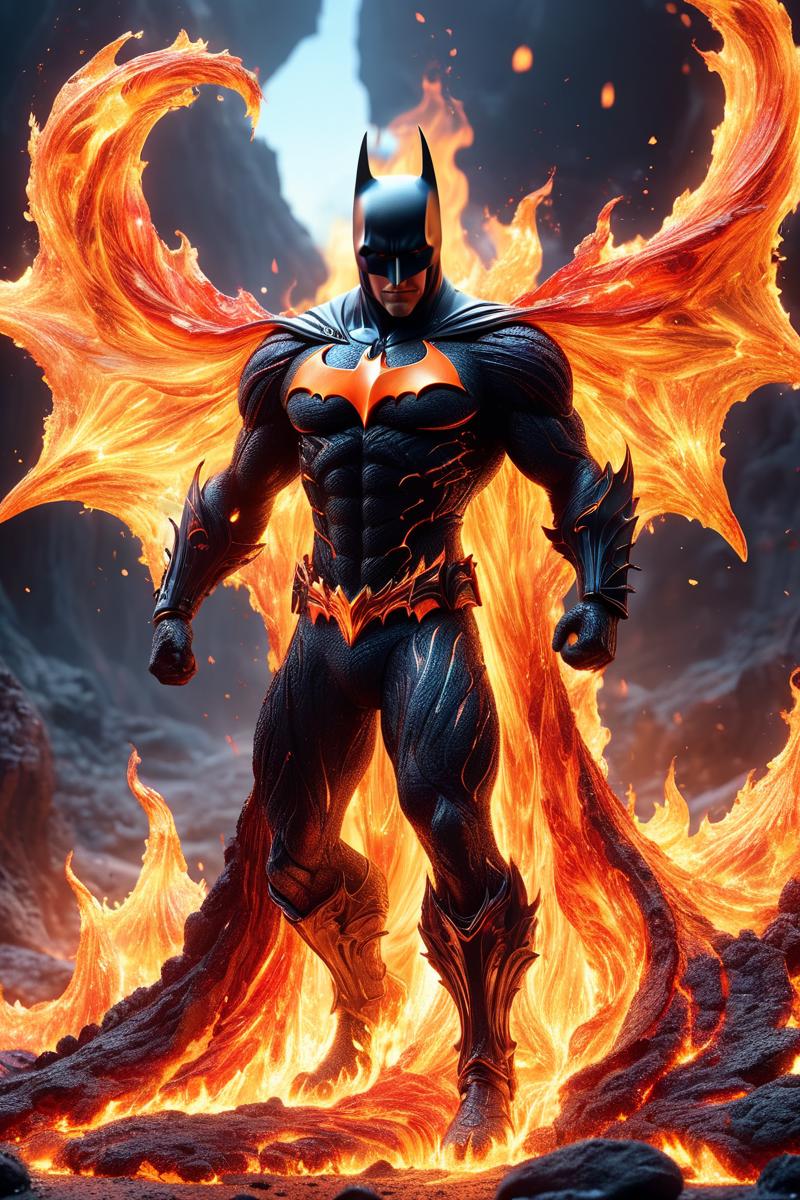 Superhero Batman standing in flames with his cape spread out.
