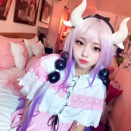 masterpiece, best quality,(8k, RAW photo, best quality, masterpiece:1.39), (realistic, photo-realistic:1.2), Kanna_Kamui, pink and white dress, white hair, gradient hair, bedroom background
 <lora:koreanDollLikeness:0.6>