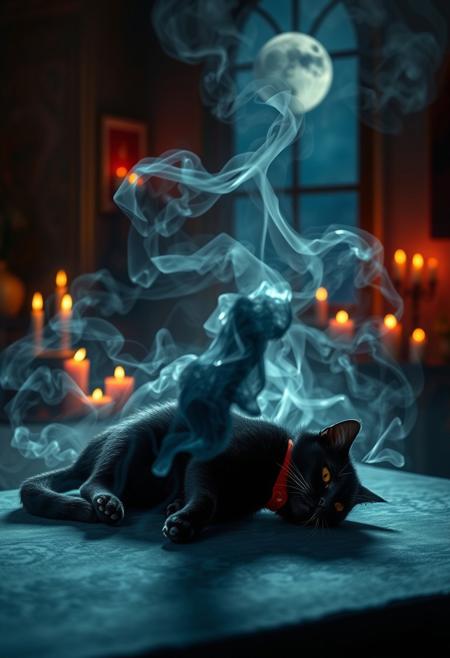 A mesmerizing image of smoke lit with a heavenly light elegantly forming a lifelike cat silhouette sitting on a table next to the prone lifeless body of a black cat with a red collar. The intricate details and vibrant colors of the cat, along with the perfect balance of smoke density and airiness, create an incredible visual effect. The background reveals a mystical or enchanted setting, possibly a dimly lit room with candles, a burning incense, and a moonlit sky. The combination of photo, illustration, 3D render, and painting techniques make this piece a true masterpiece., 3d render, photo, painting, vibrant, illustration.
