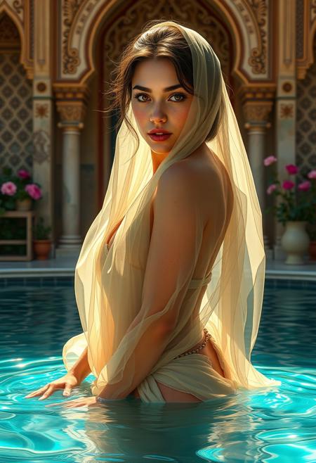realistic, bright colors, high contrast, vivid lighting, realistic, freckles, beautiful eyes, hyper detailed background, masterpiece, intricate details, gorgeous female dressed sexy in a skirt with high cuts, (((visible both thighs))), looking at the viewer, rising from a pool near a Persian palace, with flowering plants, attractive, flirting, dressed in translucent veil, Realistic skin, visible pores, visible tiny blemishes, accurate face, tiny wrinkles, highly detailed skin
soft indirect lighting, silk drapes, carved statue
score_9, score_8_up, very detailed, detailed eyes,  high detailed texture, realistic, photorealistic, perfect eyes, real life realistic, Expressiveh, Stable_Yogis_PDXL_Positives, midjourneylora, detailed background, dynamic angle, volumetric lighting, godrays, beautiful,
