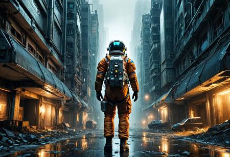 qu4ntum,
A lone astronaut wanders through an abandoned megacity, where the remaining buildings seem to breathe in the fog, their lights flickering like ancient memories., cinematic sci-fi, hyper-realistic digital painting, futuristic soldier, emotional intensity, detailed armor, advanced technology, moody lighting, atmospheric environment, narrative-driven composition, dystopian setting, high contrast, dramatic perspective, military science fiction, subtle expressions, photoreal textures