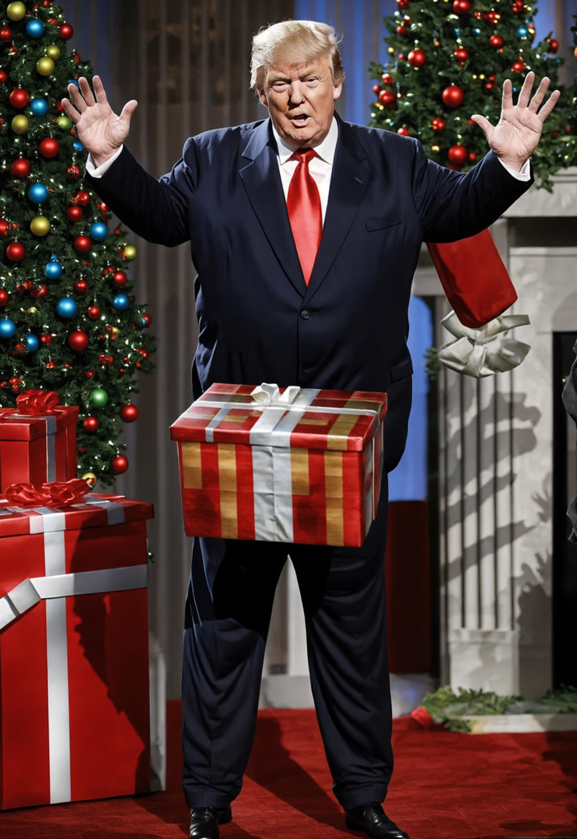 A man in a suit holding a large gift box.