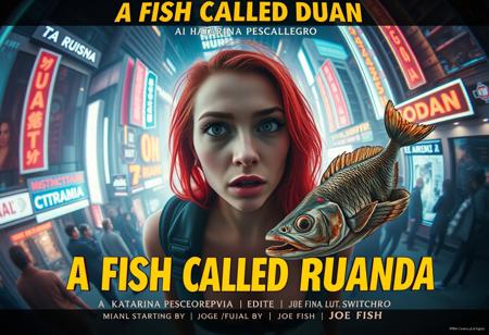 **“A captivating and surreal movie poster for A Fish Called Ruanda, a futuristic B-movie thriller with a girly, campy twist. The scene is viewed through the exaggerated distortion of a fish-eye 12mm cinema prime lens, pulling the viewer into the chaotic, neon-soaked dystopian cityscape. Front and center is the main actress, Katarina Pesceallegro, a striking redhead with a mix of glamour and danger in her expression. Floating ominously nearby is a grotesque, decaying fish, symbolizing the ‘very rotten climax.’
The poster includes bold, retro-futuristic typography for the title A Fish Called Ruanda, with the subtitle in Polish beneath it. The credits at the bottom feature:
	•	Directed by: Max Morrison
	•	Director of Photography: Diego Dalla Luce
	•	Edited by: JOE “FINAL CUT” Switcho
	•	Main Actress: Katarina Pesceallegro
	•	Co-Starring: JOE FISH
	•	With the Cameo of: STEWEN SEAGULL
The design blends neon tones, gritty textures, and campy B-movie flair, making it a trendsetting cinematic experience that teases its quirky, action-packed storyline.”**