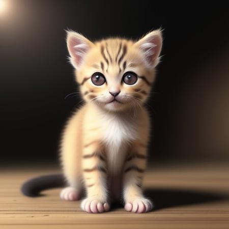 Capture a hyper-realistic photograph of an adorable kitten. The body of the creature should be a perfect blend of a fluffy kitten .The fur of the kitten should seamlessly beautiful, The scene should be set on a post apocalyptic city, with warm light from the sun that highlights the intricate details of the fur creating an enchanting yet believable image of this kitten,