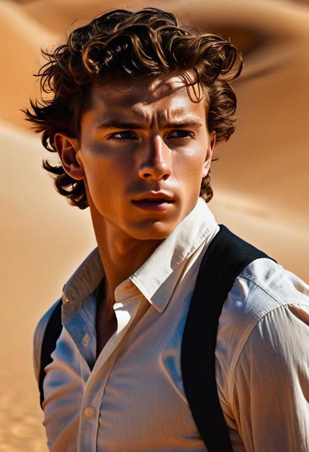 Dune film, cinematic, , face combination between Timothe Chamalet and Kris Evans and Tom Holland, slim body, wearing a white button shirt, portrait, up close, curly hair, brown hue eyes, light splashing in the eyes and showing brown color eyes, standing in the wide dune sand place, surrounded by sand dune, wind blowing, sand dust flying, light shimmer, light enchanting, dreamy, realistic, realism, real_life photo,Masterpiece