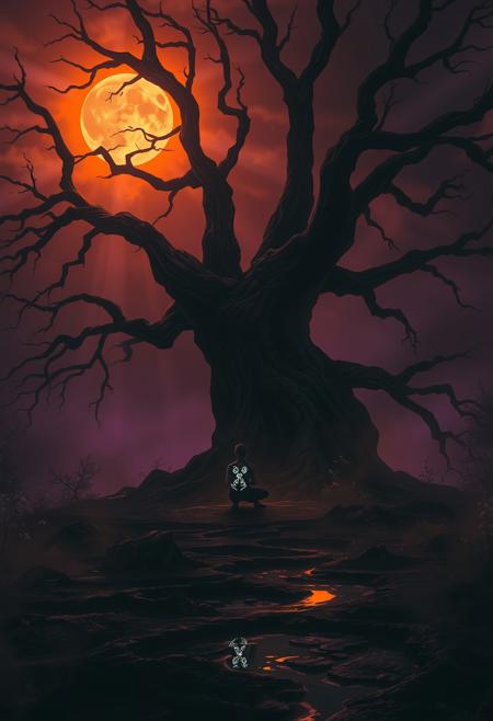 A haunting dreamscape of a lone figure kneeling beneath a massive, dying tree, its gnarled limbs etched against a glowing amber sky. The character’s body is illuminated by soft, bioluminescent tattoos that pulse along their skin, suggesting divine lineage or cosmic power. The land around them is shadowy and surreal—deep purples and blacks fading into copper fog, broken only by sharp rays of moonlight piercing the clouds. The figure’s expression is one of quiet revelation, as if communing with unseen forces. Every detail of the terrain—twisted roots, reflective puddles, ghostly flora—is rendered with intimate realism, blending an ancient landscape with mythic narrative tension and symbolic resonance.
