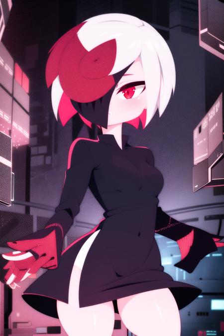 <lora:mrploxykunArtist-19:0.9>,1girl,solo,   <lora:SAGE:1> sageai, red eyes, white hair, short hair, hair over one eye, black dress,red glow , glitch, black dress,