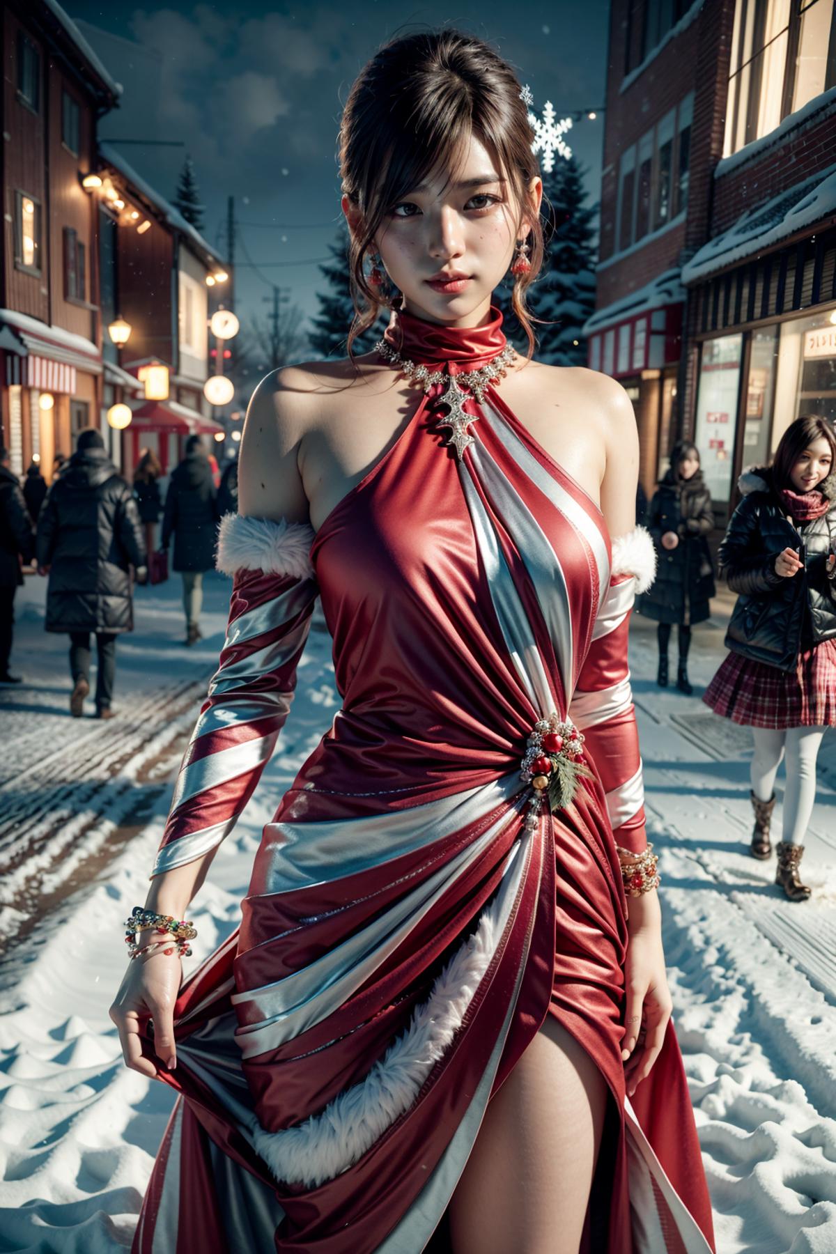 A woman in a red dress walks through a snowy city street.