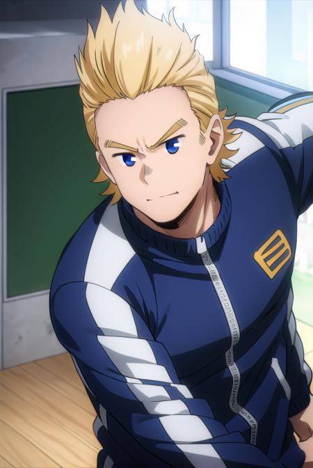 mirio, <lora:mirio-lora-nochekaiser:1>,
mirio, short hair, blonde hair, spiked hair,
BREAK jacket, pants, scar, sleeves rolled up, track jacket, track suit, track pants, scar on arm,
BREAK looking at viewer, upper body,
BREAK indoors, classroom,
BREAK <lyco:GoodHands-beta2:1>, (masterpiece:1.2), best quality, high resolution, unity 8k wallpaper, (illustration:0.8), (beautiful detailed eyes:1.6), extremely detailed face, perfect lighting, extremely detailed CG, (perfect hands, perfect anatomy),