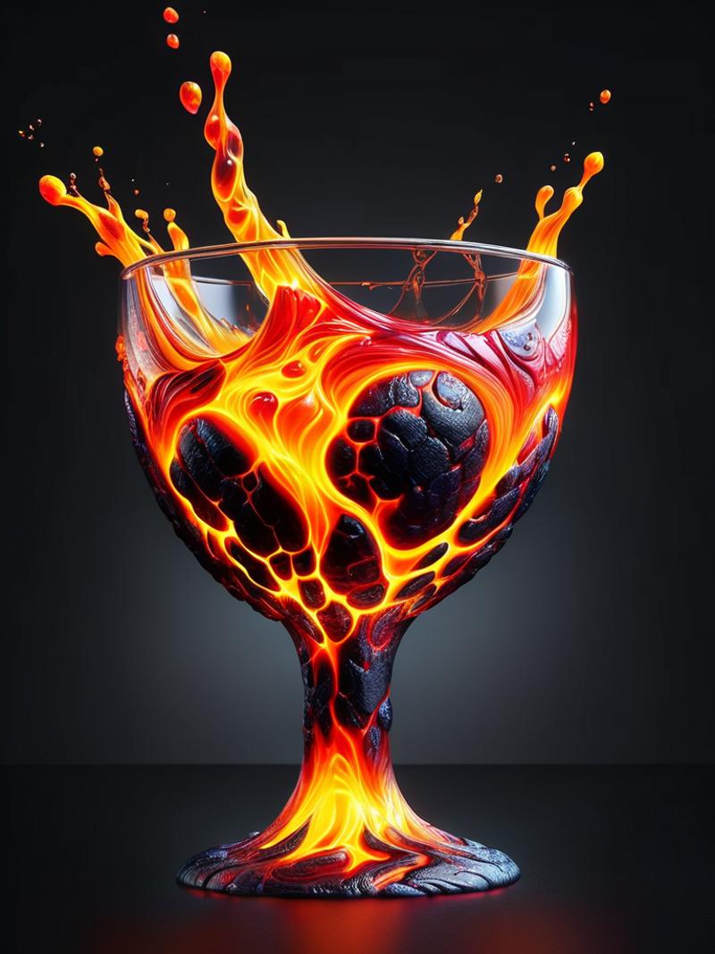 Vibrant red and orange liquid in a glass with flames.