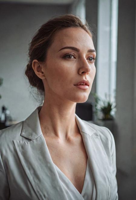 closeup photo of sensual East-European woman, cleavage, luxury office, early morning, (veins, skin pores, natural skin texture:0.55),