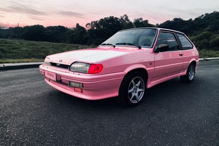 A {white|black|red|blue|pink) car is parked by the road :: pink sunset and city in the background :: 1980 :: Luxyry style :: Hyperdetailed : Ultra realistic :: cinematic :: Neon lighting :: Unreal engine :: RTX --ar 2:3, (VAZ2113),  <lora:VAZ2113:0.8>