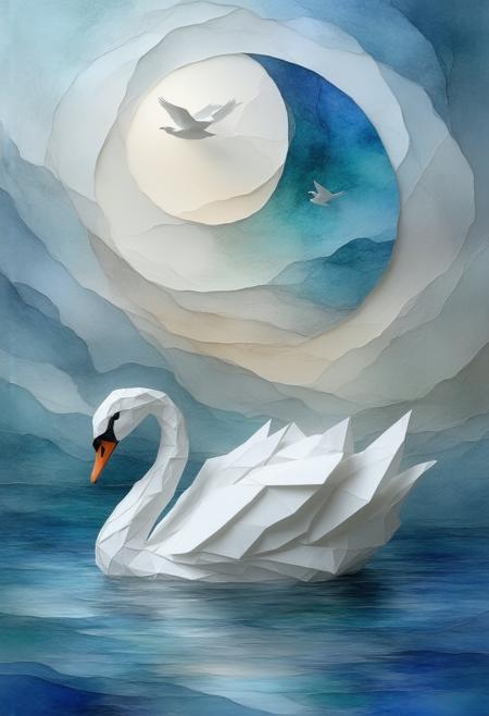 A breathtaking depiction of swans, interwoven with a delicate origami swan and a traditional yin-yang symbol, rendered as a mesmerizing stained-glass Cubist spectacle. The swans, both hyper-realistic and fragmented, are integrated with the origami swan and the yin-yang symbol, creating a rich tapestry of symbolism and form. Multiple perspectives converge: a panoramic view showcasing the swans gliding across a serene lake, a close-up emphasizing the intricate folds of the origami swan, and a symbolic representation of balance and harmony through the yin-yang symbol. Bold black outlines define the geometric forms, creating a dramatic contrast against a palette of serene blues, pristine whites, and subtle greys, mimicking the interplay of light and shadow on water. Subtle photorealistic textures â the softness of feathers, the crispness of origami paper â are delicately incorporated within the abstract geometry. A soft, light-shaded glow emanates from within the stained-glass elements, symbolizing peace, tranquility, and the interconnectedness of all things. Ultra detailed, 8k resolution, volumetric lighting, octane render, visually stunning and deeply meaningful composition.