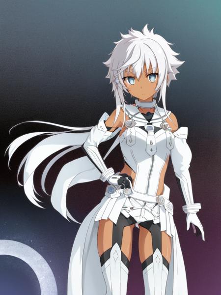 <lora:Kohagura_Natsume-10:0.8>,Kohagura_Natsume, 1girl, solo,short hair, blue eyes,hair ornament, thighhighs, gloves,bare shoulders,white hair, sidelocks, boots, elbow gloves, dark skin, leotard, dark-skinned female, thigh boots, short hair with long locks,