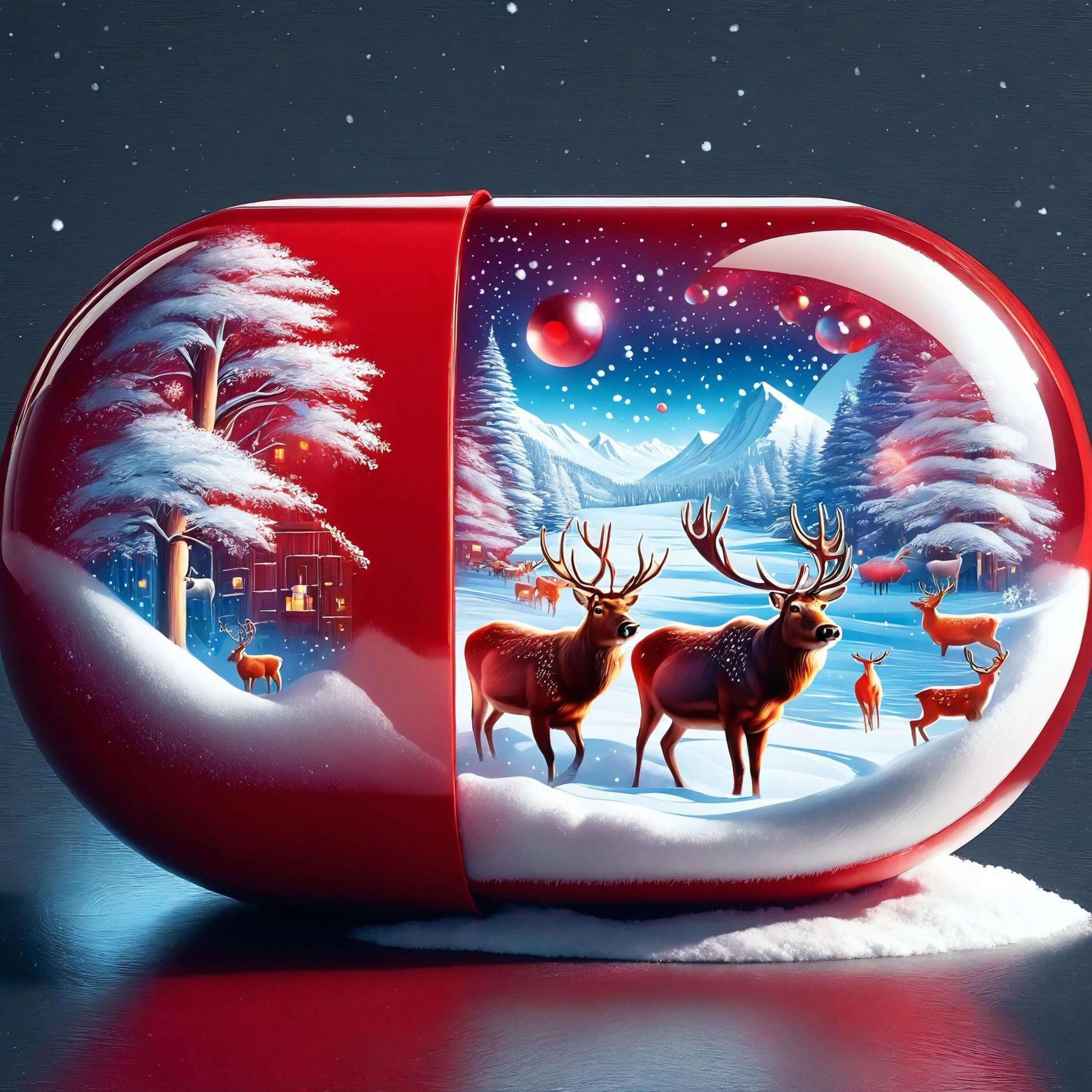 A red ornate Christmas ball with reindeer and snowy trees.