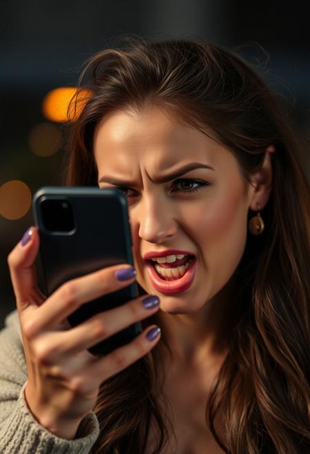 beautiful woman angry at her iphone