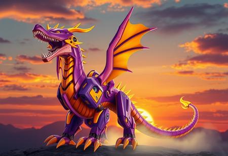 Robot Dragon, purple and gold, dragon wings spread, roaring. Synthwave background, sunset, orange and blue.