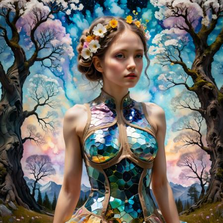 (Double exposure:1.3) photo of a noble lady made of mosaic of iridescent crystal glass with sub scattering mirror surface imposing onto transparent tree hollow trunk in living brocade underbust dress made out of flowers, bokeh sky by Peter Gric, Conrad Roset, Brandon Kidwell, Andreas Lie, Dan Mountford, Dan Witz, Agnes Cecile, Jeremy Mann, fine art, super dramatic moonshine, silhouette photoillustration, amazing depth, intricate detailed fine cracked surface, stunning atmosphere, mesmerizing whimsical vibrant scenery, complex masterwork by head of prompt engineering  , hyperkraximalism  <lora:hyperkraximalism:0.72>