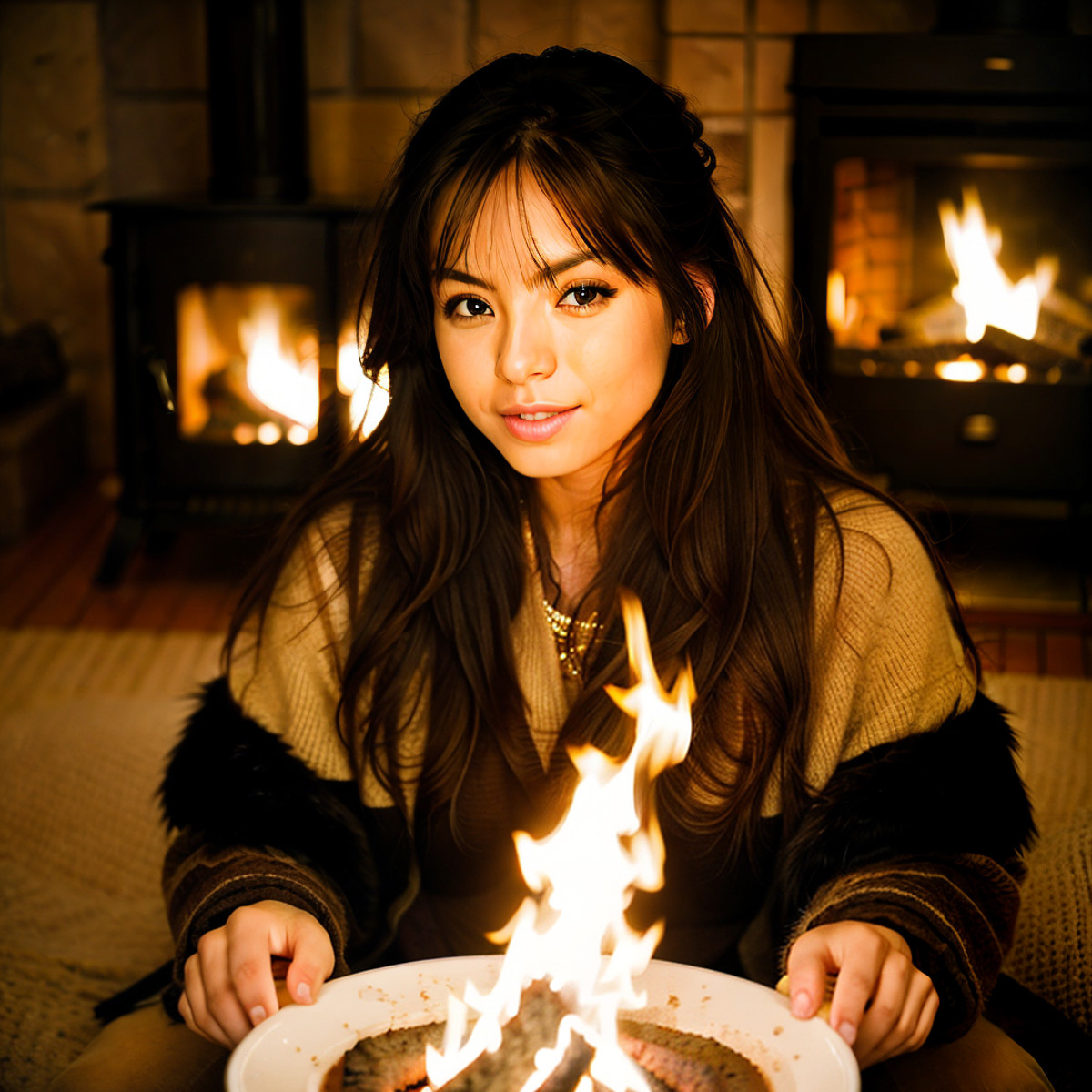 <lora:Yuri-000013:0.9> yuri by a cozy fire, beautiful photo with amazing detail. Analog. ((Sfw))