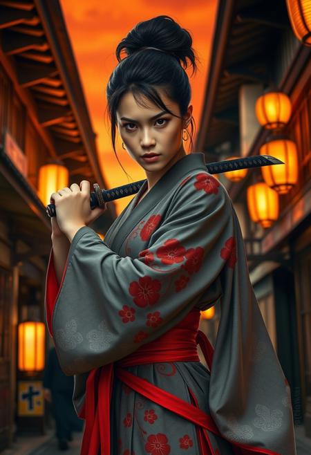 photography, depicting a fierce japanese female warrior in a traditional Japanese setting. The subject, a japanese woman with fair skin and an athletic physique, stands confidently in the foreground. She has a determined expression with sharp, piercing eyes. Her hair is dark brown, styled in an updo with loose strands framing her face. She is dressed in a grey kimono adorned with red floral patterns and a wide red belt tied around her waist. The kimono's sleeves are long and flowing, with a hint of red at the edges. She wields a katana in her right hand, held close to her side with a firm grip, indicating readiness for combat. The background showcases a bustling, narrow street in a Japanese city, illuminated by the warm, orange glow of streetlights and lanterns. The buildings on either side have traditional wooden facades with sliding paper screens, creating a sense of depth and perspective. The sky is a vivid orange, suggesting either sunset or the artificial lighting of a cityscape. The overall mood is intense and dynamic, capturing the essence of a warrior ready to defend her homeland.