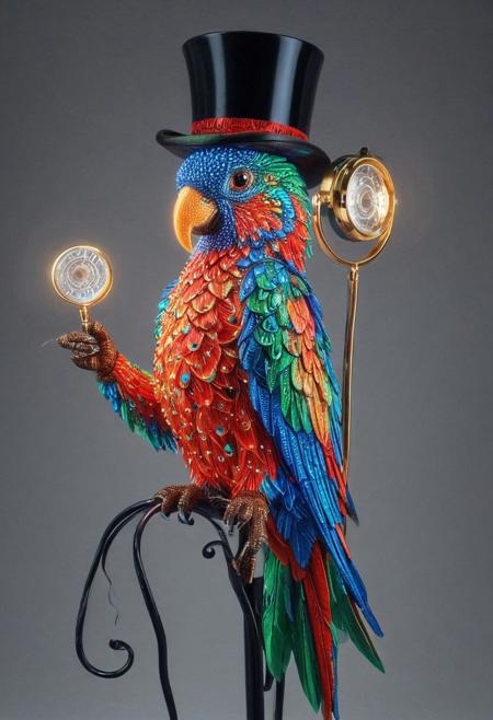 embedding:lazmpos, LED, colorful LED lights, RGB lights, red green and blue parrot, art deco, top hat, cane, monocle,RetroBG