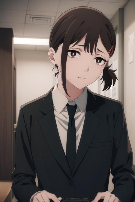 kobenihigashiyama, <lora:kobeni higashiyama s1-lora-nochekaiser:1>,
kobeni higashiyama, black hair, hair ornament, hairclip, mole, mole under eye, ponytail, short hair, (brown eyes:1.5),
BREAK black necktie, black pants, business suit, formal, long sleeves, necktie, pants, suit, 
BREAK indoors, office,
BREAK looking at viewer, (cowboy shot:1.5),
BREAK <lyco:GoodHands-beta2:1>, (masterpiece:1.2), best quality, high resolution, unity 8k wallpaper, (illustration:0.8), (beautiful detailed eyes:1.6), extremely detailed face, perfect lighting, extremely detailed CG, (perfect hands, perfect anatomy),