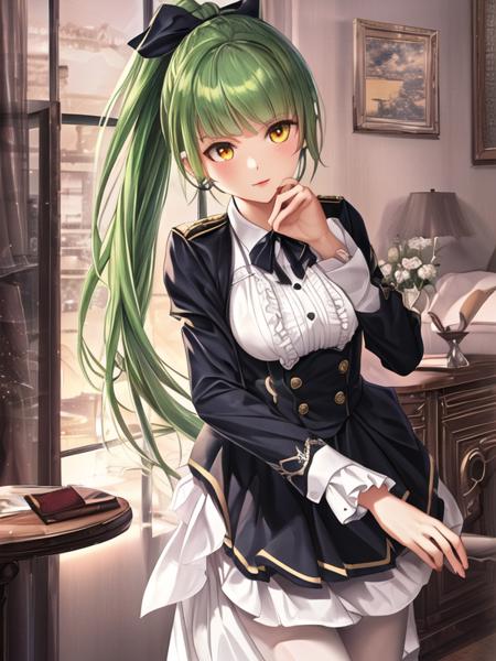 Shropshire, def, green hair, yellow eyes, long hair, high ponytail, hair ribbon, neck ribbon, black jacket, white shirt, miniskirt, black thighhighs, white gloves, blue ribbon, open jacket,1girl, white skirt, leaning forward,  Shropshire, retrofit_(azur_lane), green hair, yellow eyes, long hair, high ponytail, hair ribbon, jabot, black dress, white pantyhose, black skirt, black sleeves, wide sleeves, white shirt, gothic dress, frilled skirt