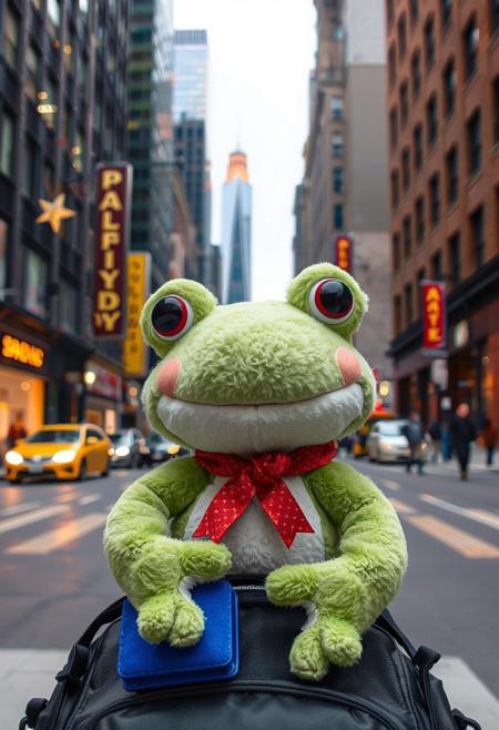A soft cute , wise and cheerful stuffed frog named Freddy, happily arrives downtown in a big city looking for fun adventure with fozzy bear