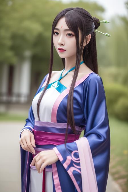 ltra-detailed,highly detailed,best quality,masterpiece,illustration,realistic,photorealistic,
liumengli, 1girl, solo, cosplay, 
hanfu, chinese clothes, wide sleeves, long sleeves, sash, hair ornament, 
standing, looking at viewer, upper body, 
 <lora:liumengli_v1_06:0.7>