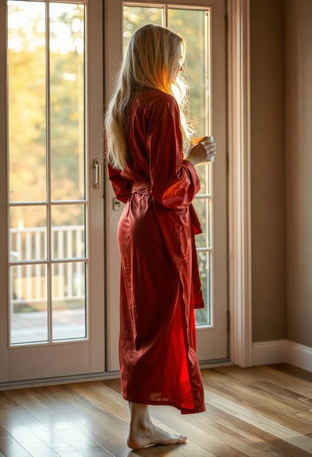 Beautiful blonde woman, early 20s, wrapped in a loosely tied silky red robe, standing barefoot in front of a large window with morning sunlight casting warm tones, holding a coffee cup, back view with a hint of curve, long flowing hair, soft focus, elegant and inviting mood, high realism