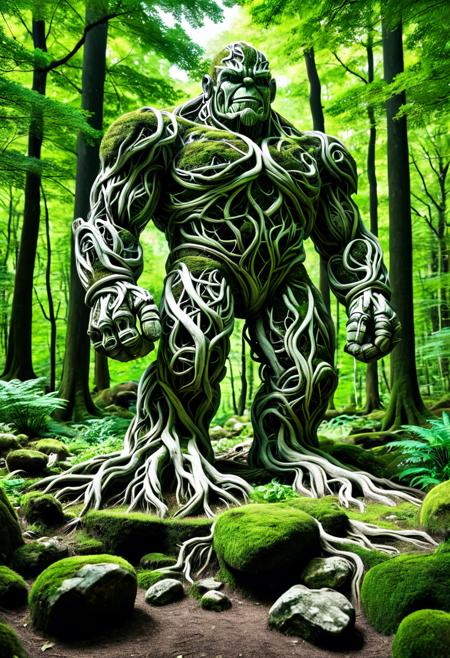 score_9,score_8_up,score_7_up, PG-TR, This is a vibrant, fantasy illustration of a large, golem-like figure that appears to be made of stones and rocks, partly overgrown with lush green foliage. The figure stands in a forested environment, with trees and plants surrounding it, and in the background, ruins or other stone structures are visible. The sky above is clear blue with some white clouds, indicating a sunny day.
The colossus itself is impressively large, with a broad posture and thick, robust limbs. Its body is a mix of gray and brown stones, some smoother than others, with cracks and moss growth emphasizing its age and natural integration. The most striking feature is the dense layer of bright green leaves covering large parts of its torso, shoulders, and upper legs, as if it has become part of the forest itself.
The colossus's face is somewhat human-like, with a stylized, flat nose and indentations suggesting eyes, all formed from stone. The overall atmosphere of the image is one of wonder and mystery, fitting for a fantasy world. <lora:Treeroots_0_90_multi2_Handprocessed_V2:1>