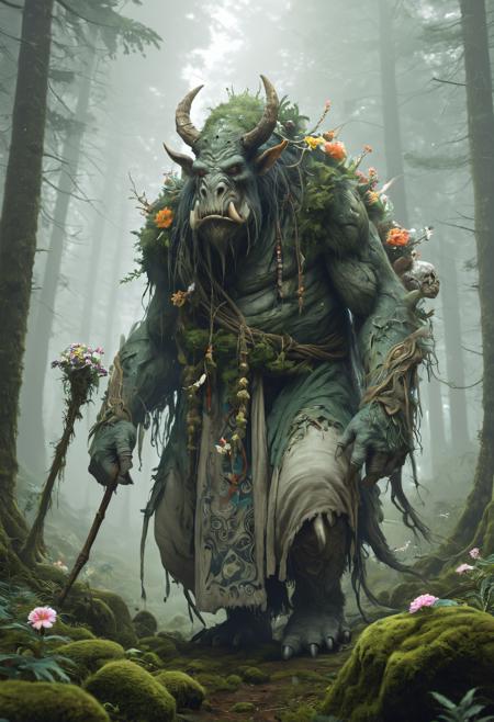 a colossal gentle forest monster with large decorated pack on its back, walking through a dense misty forest, it is wearing a long flowing robe adorned with intricate patterns and holding a wooden staff, The shell is filled with various items including flowers and pouches, wandering sage, towering trees background, moss-covered rocks, soft ethereal light filtering through the forest canopy, a magical and serene atmosphere, <lora:EpicF4nta5yXL:0.35>