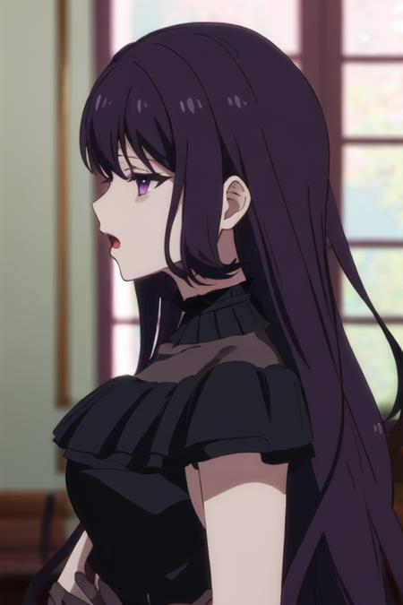 best quality, masterpiece, highres, solo, {tilty_claret_tenseioujototensaireijounomahoukakumei:1.15}, long_hair, bangs, purple_hair, purple_eyes, black_hair, blurry, 1girl, blurry_background, closed_eyes, from_side, open_mouth, profile, dress, hair_between_eyes