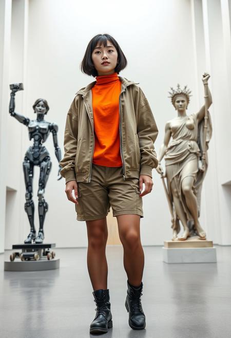 A 20-year-old Japanese female archaeologist with a black bob haircut, wearing an orange turtleneck T-shirt, a khaki long-sleeved jacket (zipped up), khaki shorts, khaki stockings, and black boots, stood in the center of the wide and tall white art museum hall.
On the left side of the picture is a high-tech mechanical statue in the shape of the goddess of victory Nike, and on the right side of the picture is another retro plaster statue also in the shape of the goddess of victory Nike.
FHD, Rich in details, masterpiece.
