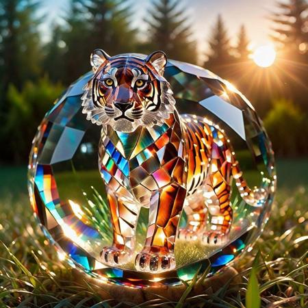 cs-cr1stal-v2, score_9, score_8_up, score_7_up, score_6_up, score_5_up, score_4_up score_9,score_8_up, a realistic Tiger made of stained glass on a Grass Plains by Crescent stained glass Moon