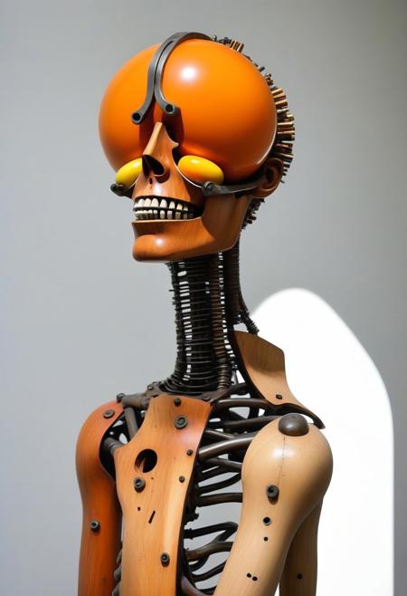 The image is a photograph of a surreal, abstract sculpture made from a combination of materials, primarily wood and metal. The sculpture resembles a humanoid figure with exaggerated, exaggerated features. It has a head shaped like a pair of melting, orange and yellow spheres with large, black eye sockets. The head is mounted on a torso made from a wooden structure painted in a rusty orange hue. The arms and legs are made from twisted, brown metal rods, giving the figure an elongated, skeletal appearance. 
The arms and legs are further adorned with green, sponge-like material, possibly for texture or as a contrasting element. The torso features exposed, intricate mechanical parts, suggesting a fusion of organic and mechanical elements. The sculpture appears to be a mix of different materials and textures, including wood, metal, and possibly foam or sponge. 
The background is a plain, muted gray wall, which contrasts sharply with the vibrant colors and textures of the sculpture. The overall composition is a blend of whimsical, surreal art and abstract expressionism, with a focus on juxtaposing different materials and forms to create a striking, somewhat unsettling figure.