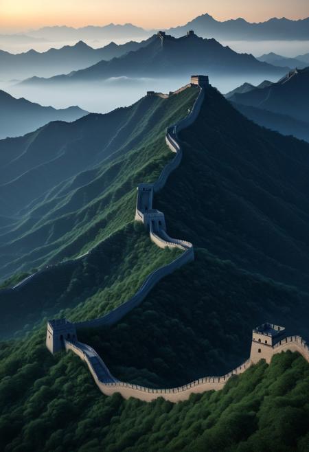 A vast, 
ancient landscape with the Great Wall of China stretching endlessly across mountain ridges, 
shrouded in early morning mist, 
with rugged terrain and a sense of endlessness., 
perfect composition, 
beautiful detailed intricate insanely detailed octane render trending on artstation, 
8 k artistic photography, 
photorealistic concept art, 
soft natural volumetric cinematic perfect light, 
chiaroscuro, 
award - winning photograph, 
masterpiece, 
oil on canvas, 
raphael, 
caravaggio, 
greg rutkowski, 
beeple, 
beksinski, 
giger