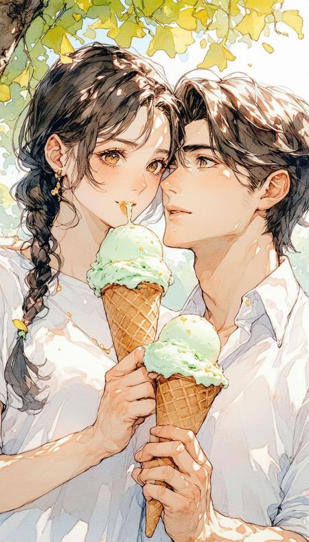 Manga sketch: Expressive girl, pensive boy, devouring melting triple-scoop ice cream. Intimate low-angle close-up, tight on faces, dripping cones. Sun-dappled park bench, rustling gingko leaves. Art style by Yoshitoshi ABe, delicate sumi-e linework, clean ink, subtle cel-shading. Bright afternoon sunlight, dappled highlights, rim lighting. Pastel ice cream (pink, green, cream) contrasts monochrome; summer sky blue accents. Textures: sticky, glistening ice cream; crisp waffle cone. Mood: fleeting summer joy, innocent connection, carefree youth. Subtle motion lines, distant shimmering heat haze.
