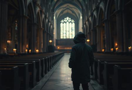 A small lone figure in a dark blue parka with the hood pulled up stands in the middle of an old cathedral dimly lit by candles, twilight, very dark and underexposed, pews line the walls of the church in the traditional layout, overhead view