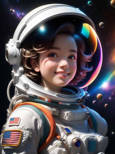 masterpiece, best quality, Half body portrait, 1girl, anime, 3D, realistic, teen girl, smiling, cute face, short hair, astronaut helmet, starry universe background, true light, bodysuit, beautiful, sexy, colourful, nsfw, smooth skin, illustration, by stanley artgerm lau, sideways glance, foreshortening, extremely detailed, high resolution, ultra quality, glare, Iridescent, Global illumination, realistic light and shadow, hd, 8k