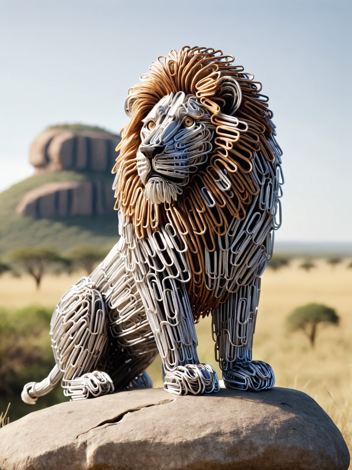 A ais-paperclips lion, sat on a rock looking over the savannah<lora:Paperclips_Style_SDXL:1>