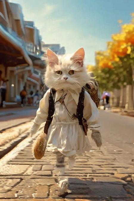 a woman's head, on a cat's body, running down a street, with a plane on her back
