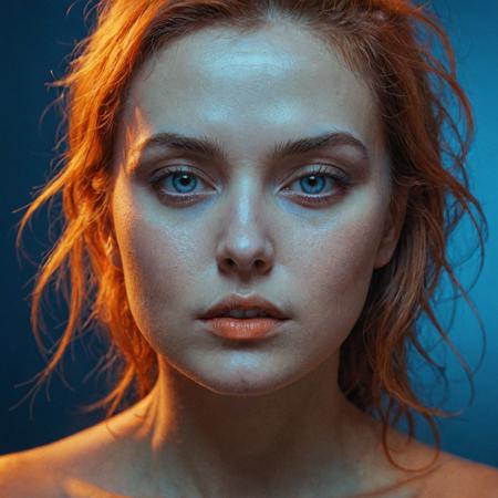 portrait of a woman in the blue light, in the style of intense hues, filip hodas, karol bak, mark seliger, intense expressions, blue and orange, close up