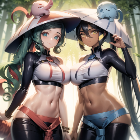 TrungSisters an anime with hat and dress is dressed in western style clothing, room background, yellow eyes, dark skin, 1girl, dark-skinned female, solo, long hair, hat, long sleeves, multicolored hair, white headwear, hair between eyes, black hair, streaked hair, ponytail, indoors, a painting of a girl with long green hair wearing a hat standing in a room background, long hair, long sleeves, solo, 1girl, green hair, multicolored hair, wavy hair, streaked hair, green eyes, white headwear, hat, single sleeve, dark-skinned female, indoors, two women in fancy clothes with large hats and big smiles look as though they are posing, multiple girls, 2girls, dark skin, dark-skinned female, yellow eyes, elephant, multicolored hair, hat, wavy hair, bamboo, long hair, streaked hair, sidelocks, black hair, green hair, ponytail, navel, single sleeve, sisters, bamboo forest, white headwear, midriff, hair between eyes, green eyes, eyeliner, siblings, long sleeves, crop top, white shirt