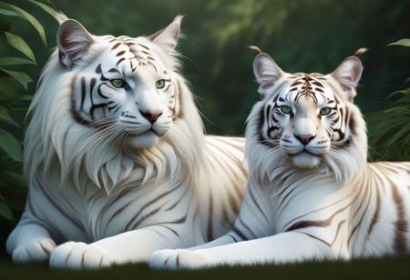 Generate a high-quality realistic digital art piece depicting either a long-haired Ragdoll cat or a long-haired fluffy cat cuddling affectionately with a majestic white tiger in a lush natural setting. Ensure that the artwork showcases detailed fur textures, vibrant colors, and a serene atmosphere. The scene should be set in a visually appealing environment with lush green grass and exotic foliage to enhance the overall aesthetic appeal. Capture the beauty of nature and the unlikely but heartwarming bond between the two different feline species.