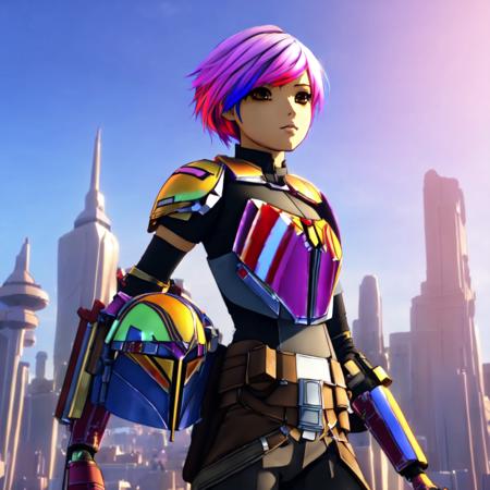 SabineWren, anime, (multicolored hair), 1girl, masterpiece, best quality, dynamic lighting, highly detailed, 8k, breastplate, short hair, full body, (standing in large futuristic city)