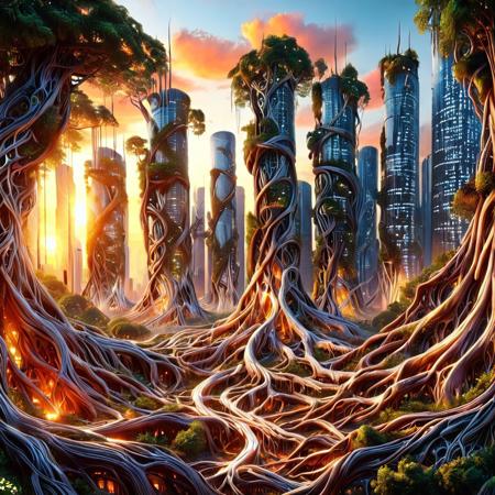 a futuristic city where skyscrapers are growing from enormous tree roots, biopunk aesthetics, overgrown nature reclaiming architecture, warm sunset light, moody atmosphere, epic scale, photorealistic textures, morph-treeroots
<lora:TreeRoots_SDXL:1.0>